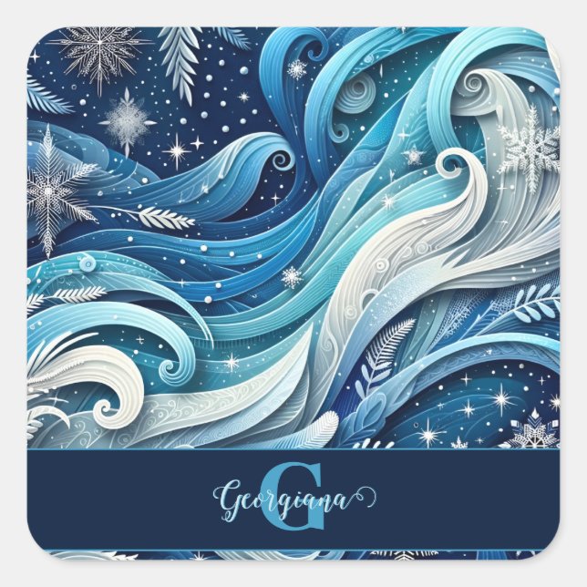 Personalised Dreamy Blue and Frosty Winter Swirls Square Sticker (Front)