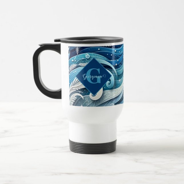 Personalised Dreamy Blue and Frosty Winter Swirls Travel Mug (Left)
