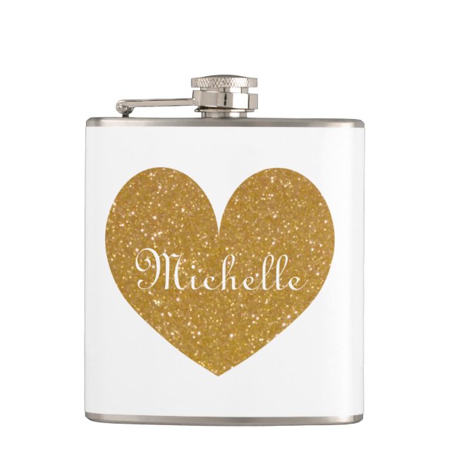 Personalised drink flask with gold glitter heart (Front)