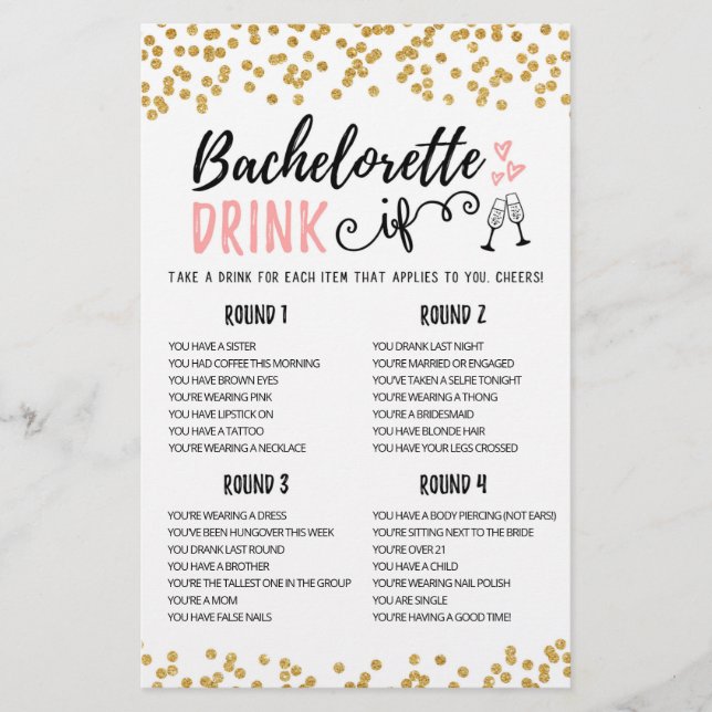 Personalised DRINK IF Bachelorette, Hen Party game (Front)