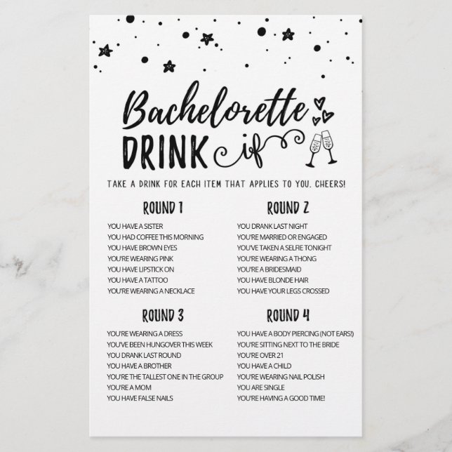 Personalised DRINK IF Bachelorette, Hen Party game (Front)