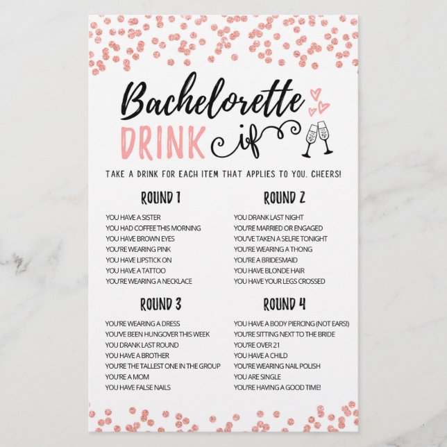 Personalised DRINK IF Bachelorette, Hen Party game (Front)