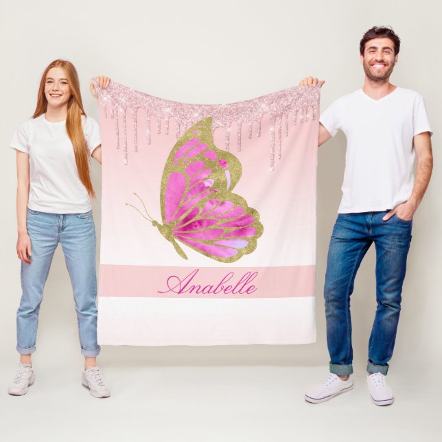 Personalised Dripping Glitter Pink Butterfly Fleece Blanket (In Situ)