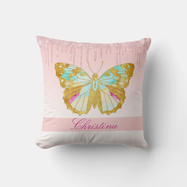 Personalised Dripping Glitter Pink Teal Butterfly Cushion (Front)