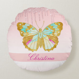 Personalised Dripping Glitter Pink Teal Butterfly Round Cushion
