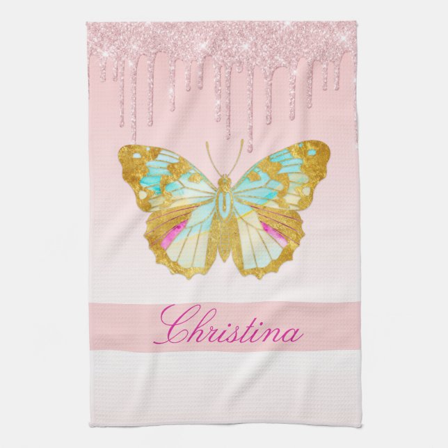 Personalised Dripping Glitter Pink Teal Butterfly Tea Towel (Vertical)