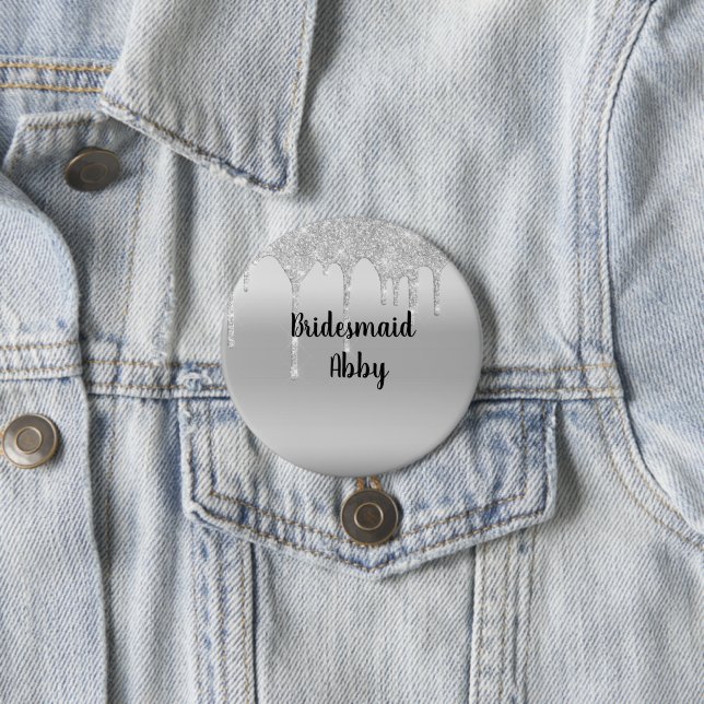 Personalised Dripping Glitter Silver Bridesmaid 7.5 Cm Round Badge (In Situ)
