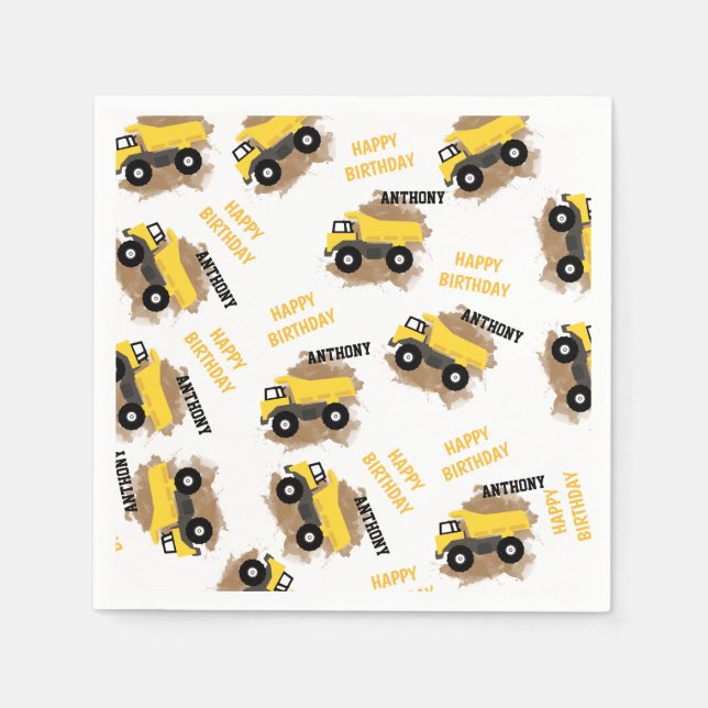 Personalised Dump Truck Construction Mud Boys Name Napkin (Front)
