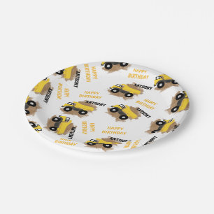 Personalised Dump Truck Construction Mud Boys Name Paper Plate