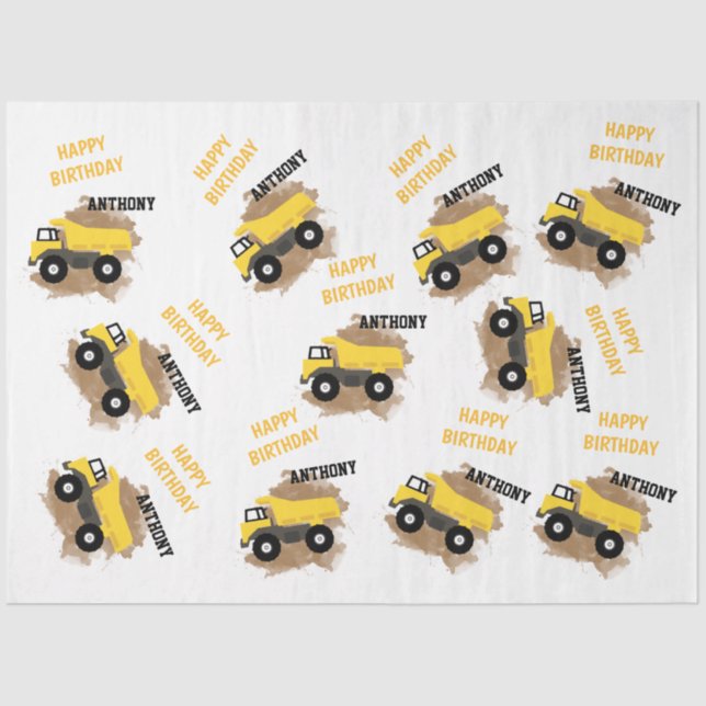Personalised Dump Truck Construction Mud Boys Name Tissue Paper (Front)