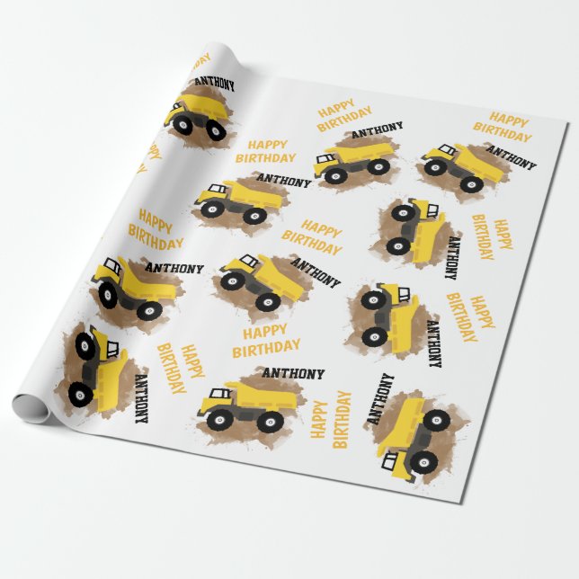 Personalised Dump Truck Construction Mud Boys Name Wrapping Paper (Unrolled)