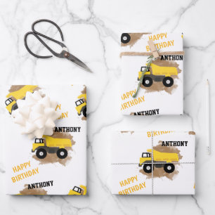 Personalised Dump Truck Construction Mud Boys Name Wrapping Paper Sheet