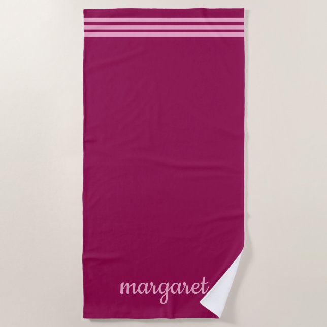 Personalised Dusky Maroon w/ Pink Stripes Beach Towel (Front)