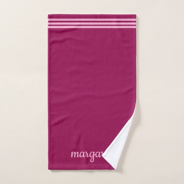 Personalised Dusky Maroon w/ Pink Stripes Hand Towel (Hand Towel)