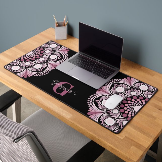 Personalised Dusky Rose Boho Floral Dot Mandala Desk Mat (Office 2)