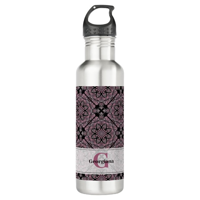 Personalised Dusky Rose Floral Fronds Mandala Tile 710 Ml Water Bottle (Front)