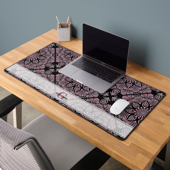Personalised Dusky Rose Floral Fronds Mandala Tile Desk Mat (Office 2)