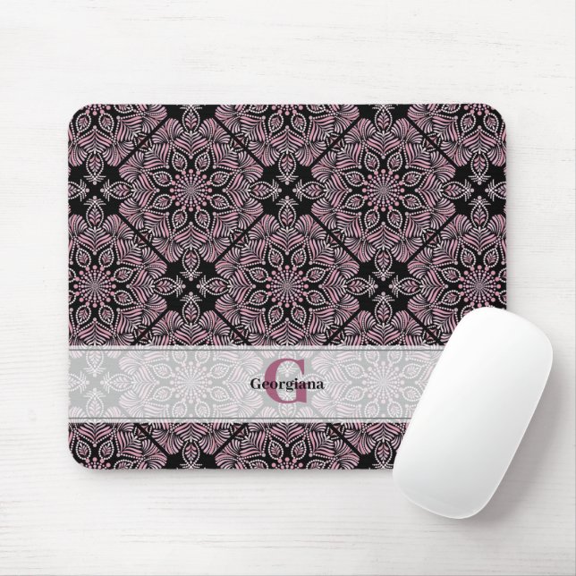 Personalised Dusky Rose Floral Fronds Mandala Tile Mouse Mat (With Mouse)