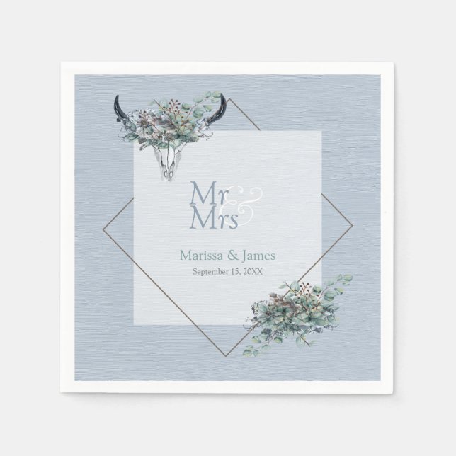 Personalised Dusty Blue Boho Mr Mrs Wedding Napkin (Front)