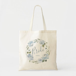 Personalised dusty blue floral bride tote bag
