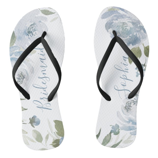 Personalised dusty blue floral bridesmaid flip flops (Footbed)
