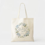 Personalised dusty blue floral bridesmaid tote bag<br><div class="desc">Modern bridesmaid script with watercolor floral wreath in dusty blue and sage green,  cute personalised Bridesmaid tote bags for bridal party gifts.</div>