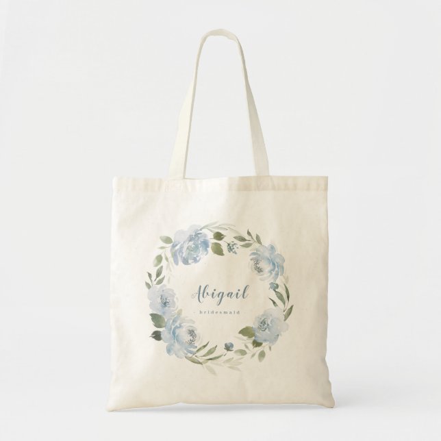 Personalised dusty blue floral bridesmaid tote bag (Front)