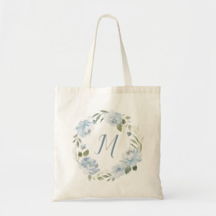 Personalised dusty blue floral monogram tote bag