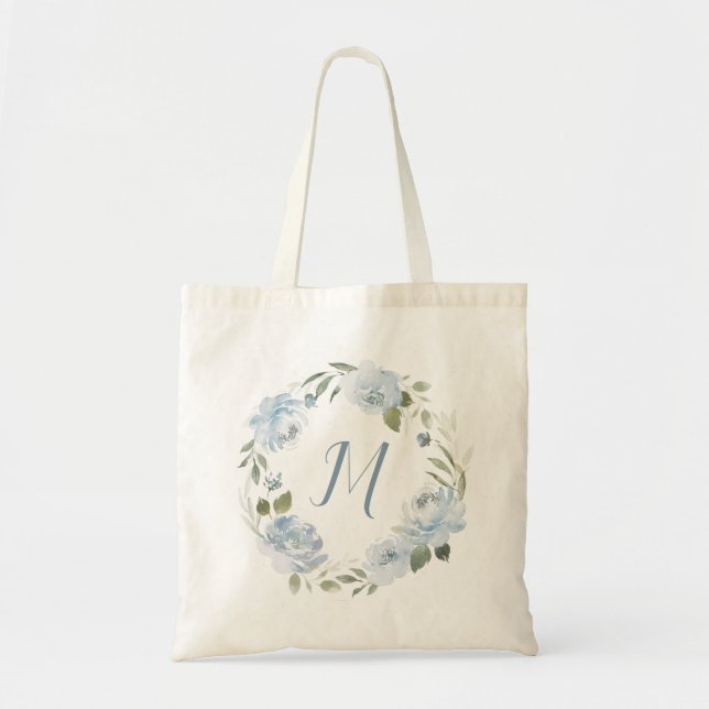 Personalised dusty blue floral monogram tote bag (Front)