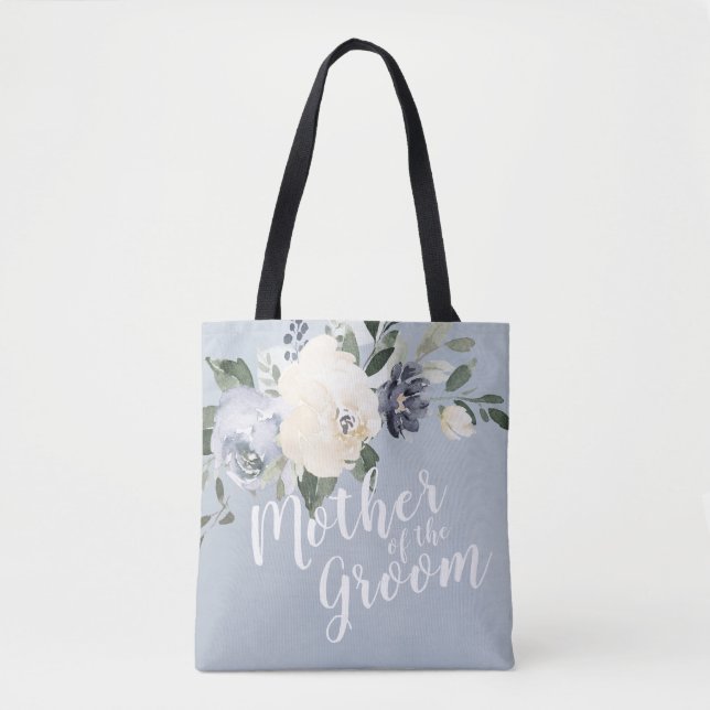 Personalised dusty blue floral mother of the groom tote bag (Front)