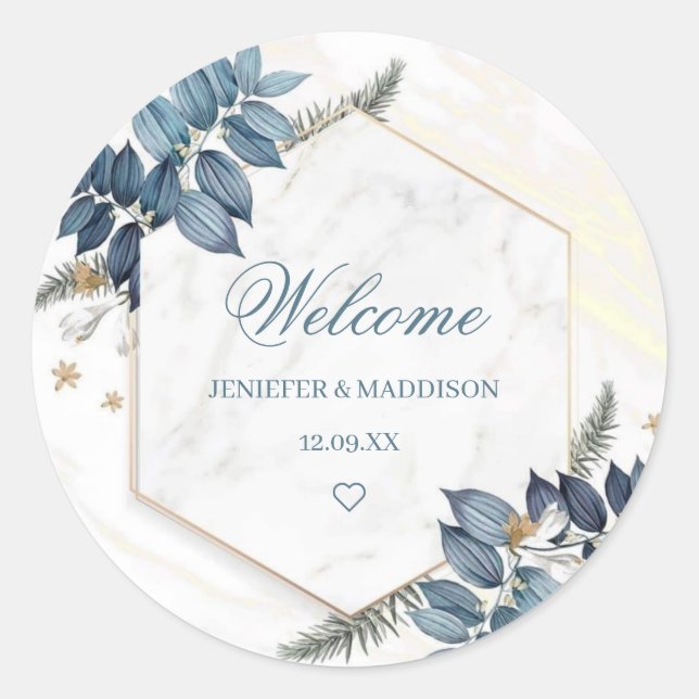 Personalised Dusty Blue Floral Wreath Wedding  Classic Round Sticker (Front)