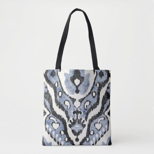 Personalised dusty blue Ikat Pattern Bridesmaid Tote Bag (Front)