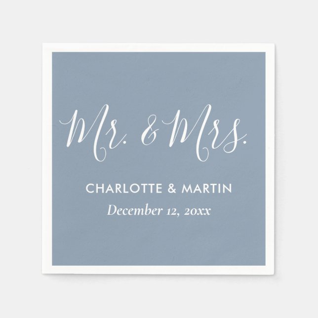 Personalised Dusty Blue Mr. and Mrs. Wedding Napkin (Front)