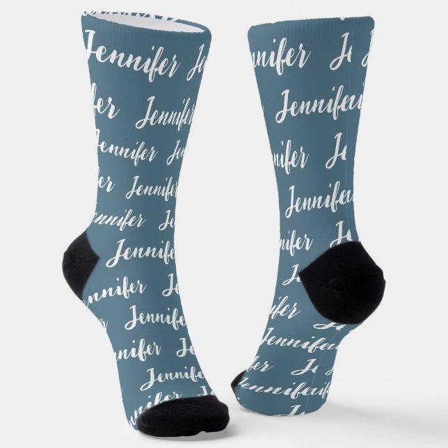 Personalised Dusty Blue Script Pattern Name Socks (Angled)