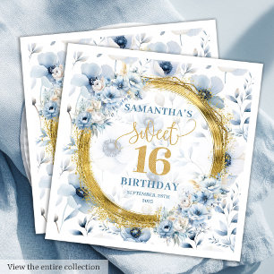 Personalised Dusty Blue Sweet Sixteen Gold Glitter Napkin