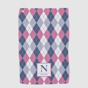 Personalised Dusty Pink & Slate Blue Navy Argyle Golf Towel
