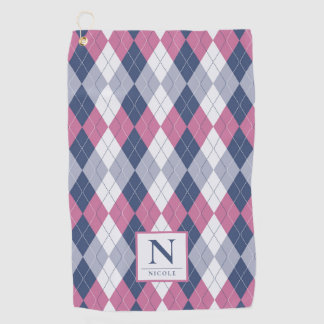Personalised Dusty Pink & Slate Blue Navy Argyle Golf Towel