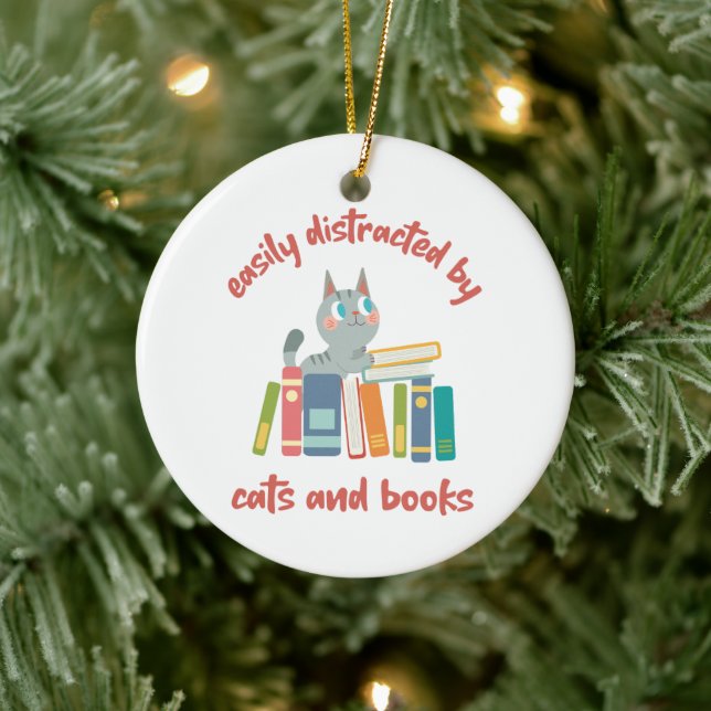 Personalised Easily Distracted by Cats and Books Ceramic Tree Decoration (Tree)
