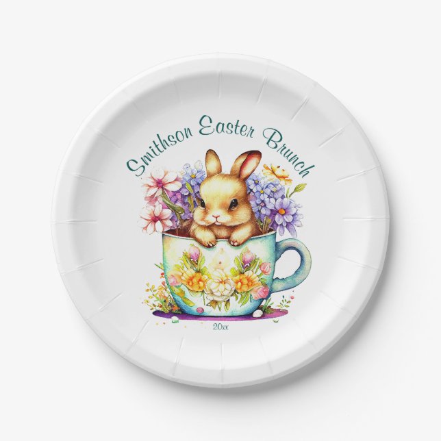 Personalised Easter Brunch Bunny Floral Teal Paper Plate (Front)