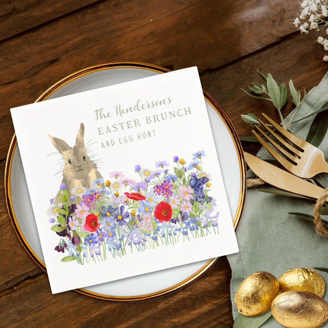 Personalised Easter Brunch Egg Hunt Bunny Floral Napkin (Personalized easter egg hunt spring brunch cute bunny floral sage green script party napkin)