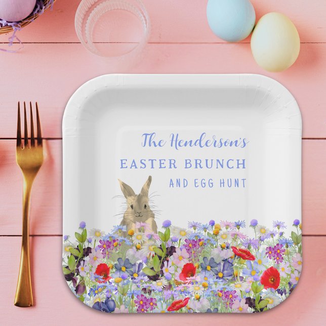 Personalised Easter Brunch Egg Hunt Bunny Floral Paper Plate (Personalized easter egg hunt spring brunch cute bunny wildflower floral paper plate)