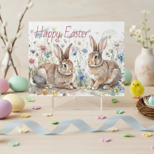 Personalised Easter Bunnies And Floral Watercolor Holiday Card