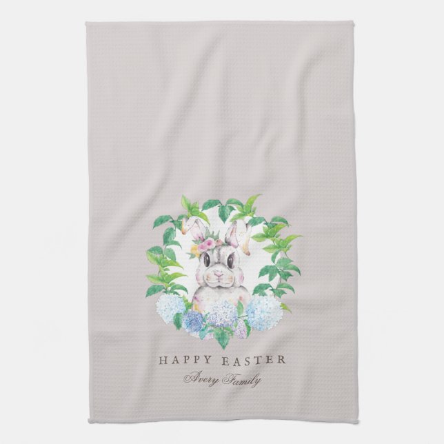 Personalised Easter Bunny Floral Wreath Tea Towel (Vertical)