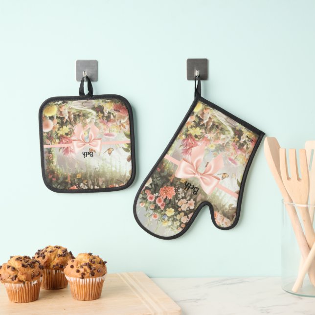 Personalised Easter Bunny Rabbit Pink Bow  Oven Mitt & Pot Holder Set (Insitu(Hanging))