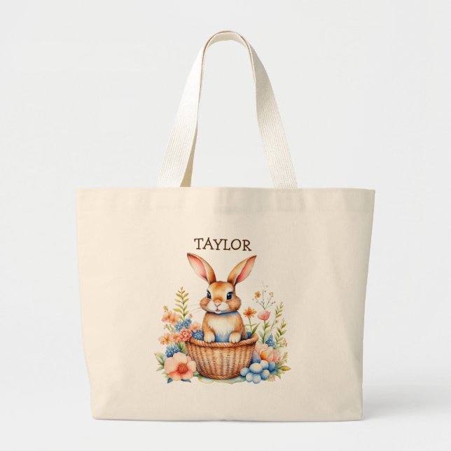 Personalised Easter Bunny Sitting in Basket Large Tote Bag (Front)