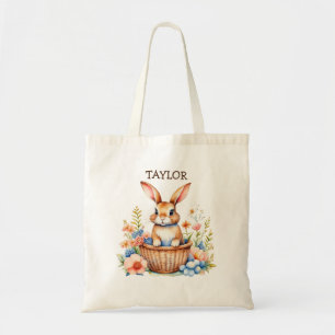 Personalised Easter Bunny Sitting in Basket Tote Bag