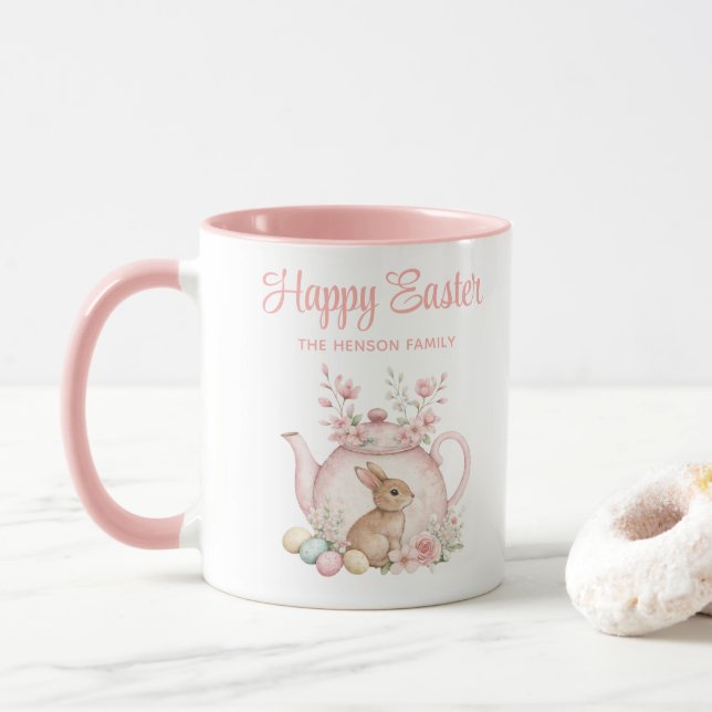 Personalised Easter Bunny Teapot Family  Mug (With Donut)