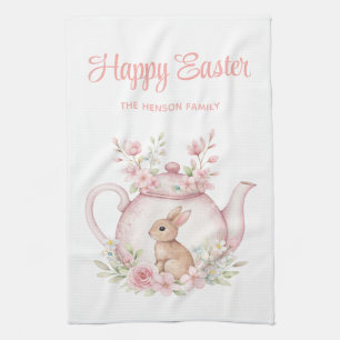 Personalised Easter Bunny Teapot Family  Tea Towel