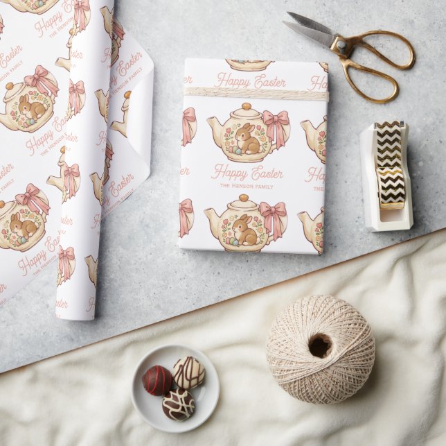 Personalised Easter Bunny Teapot Floral  Wrapping Paper (Crafts)