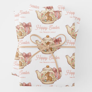 Personalised Easter Bunny Teapot Floral  Wrapping Paper Sheet